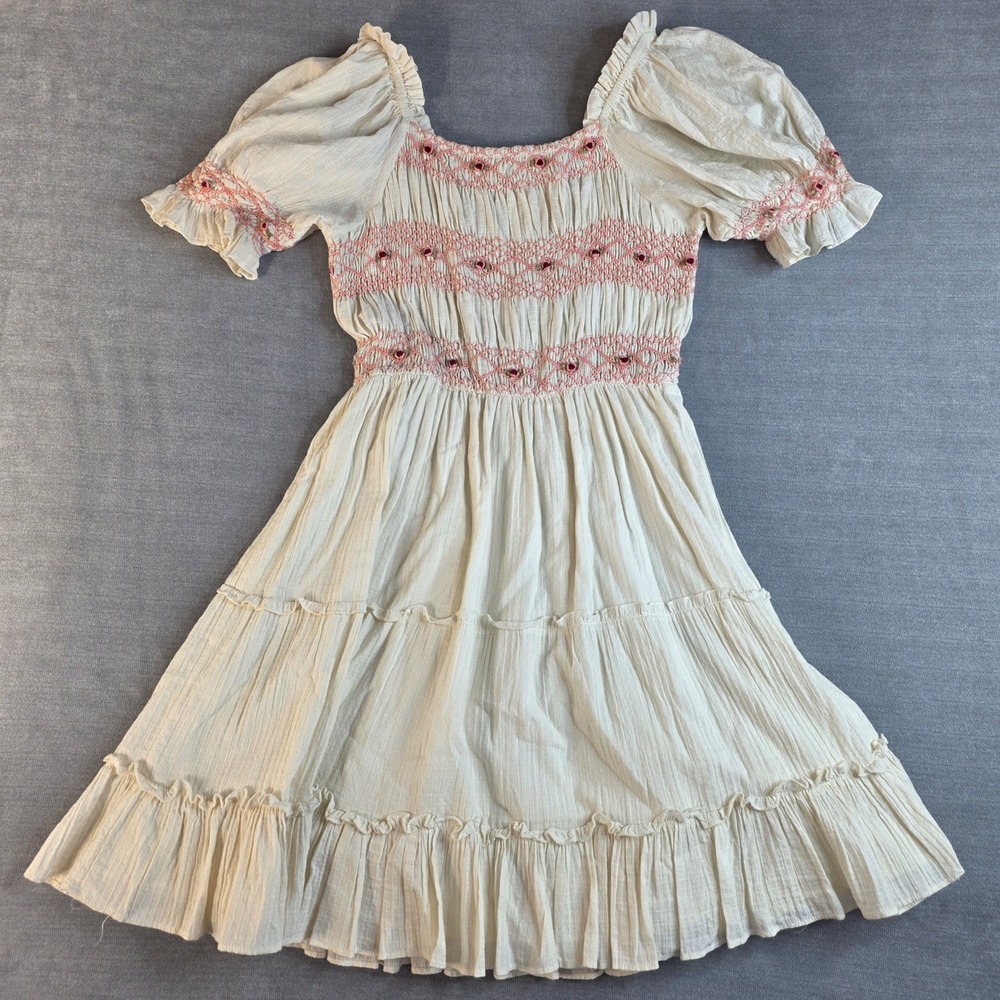Ivy City Co Smocked Midi Dress Womens M‎ Cream Pink Excellent Cottagecore Boho
